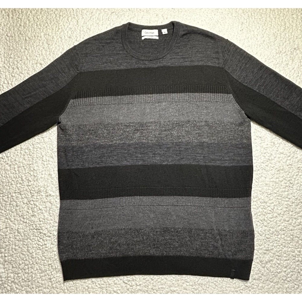 Calvin Klein Mens Striped Crew Sweater Gray L 100% Cotton